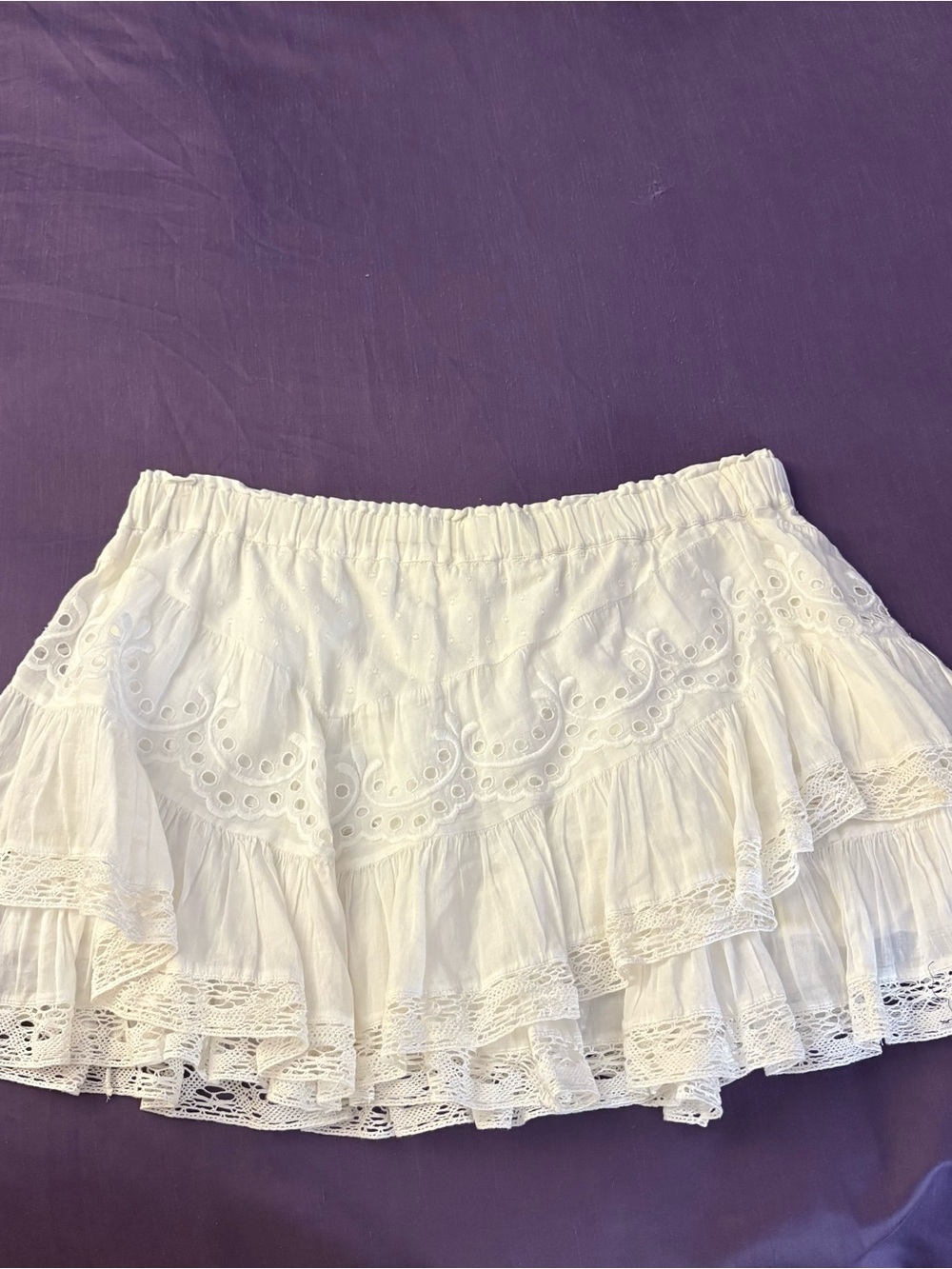 LoveShackFancy White Tiered Eyelet Mini Skirt
